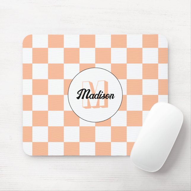 Chequered peach white geometric retro Monogram Mouse Mat (With Mouse)