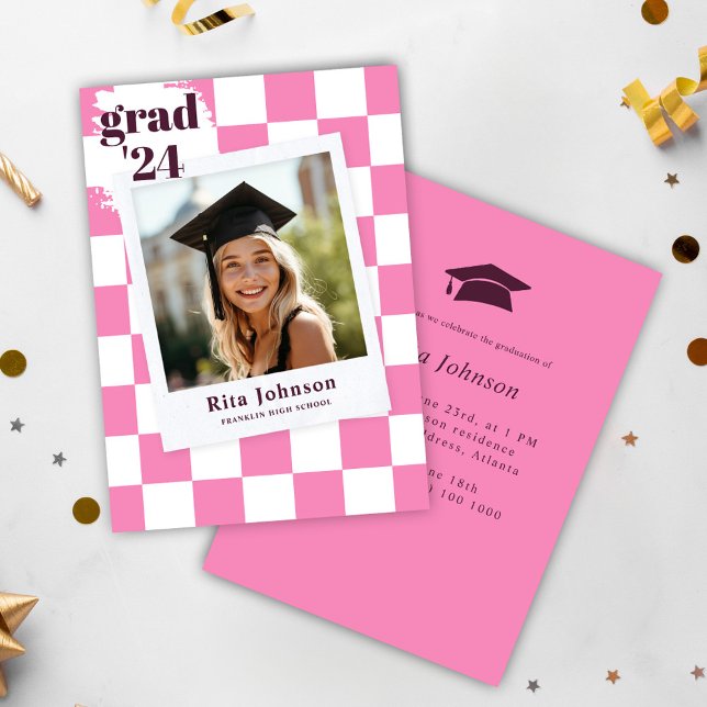 Chequered Photo High School Graduation Party Invitation (Checkered Photo High School Graduation Party Invitation)