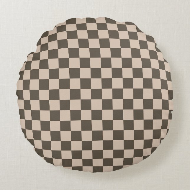 Chequered Pillow Round – Olive Green + Warm Tan (Front)