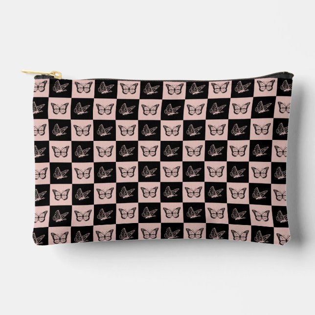 Chequered Pink and Black Butterfly Pattern Accessory Pouch (Front)