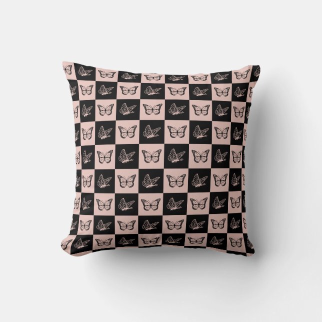 Chequered Pink and Black Butterfly Pattern Cushion (Front)