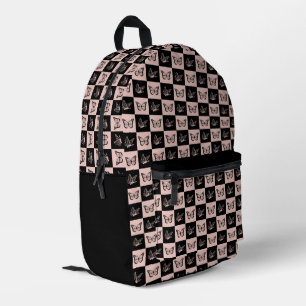 Chequered Pink and Black Butterfly Pattern Printed Backpack