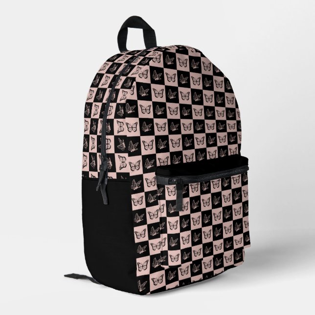 Chequered Pink and Black Butterfly Pattern Printed Backpack (Back Corner Left)
