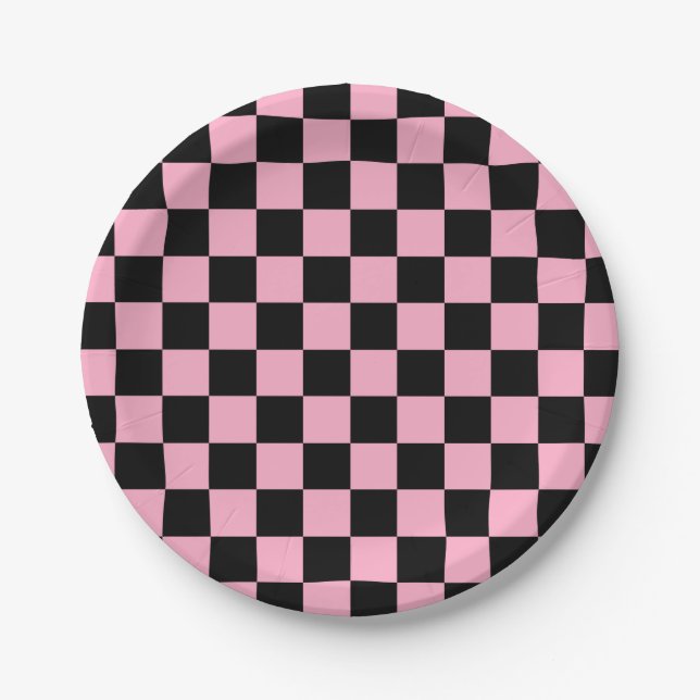 Chequered Pink and Black Paper Plate (Front)