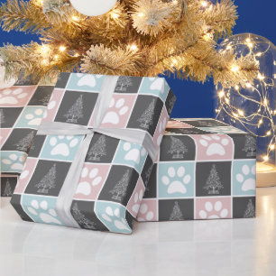 Chequered Pink and blue paw print Christmas Tree Wrapping Paper