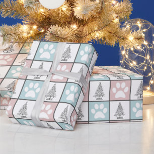 Chequered Pink and blue paw print Christmas Tree Wrapping Paper