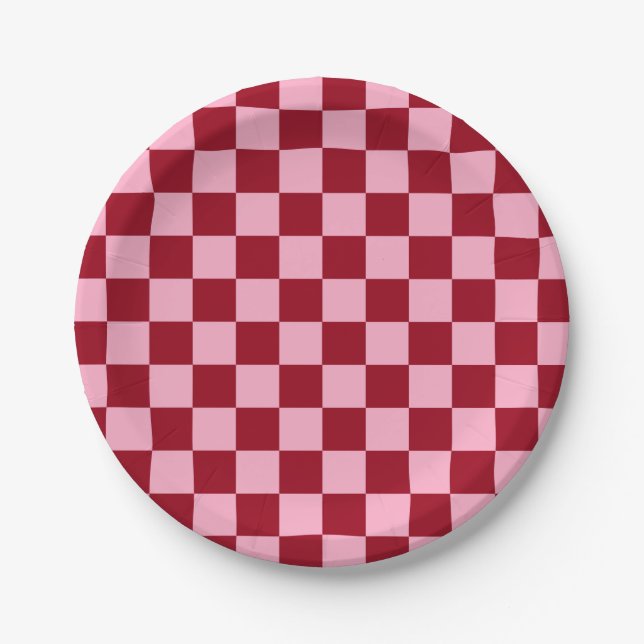 Chequered Pink and Burgundy Paper Plate (Front)