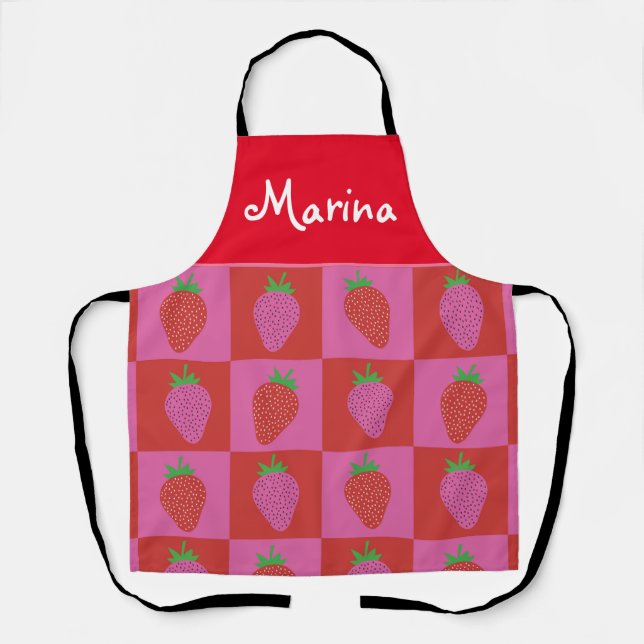 Chequered Pink and Red Strawberries Custom  Apron (Front)