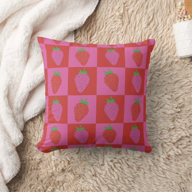Chequered Pink and Red Strawberries Pattern  Cushion (Blanket)