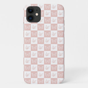 Chequered Pink and White Elegant Butterfly Pattern iPhone 11 Case