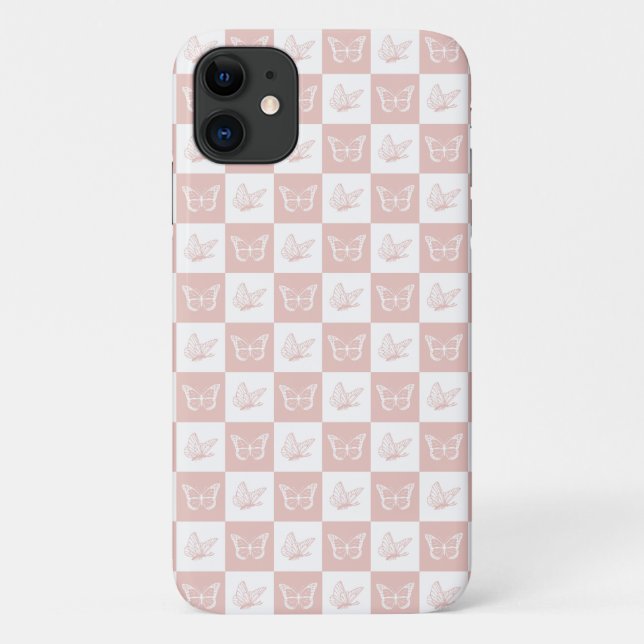 Chequered Pink and White Elegant Butterfly Pattern Case-Mate iPhone Case (Back)
