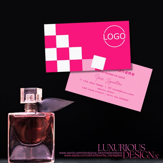 Chequered Pink and White Modern with Logo Stylish Business Card (Creator Uploaded)