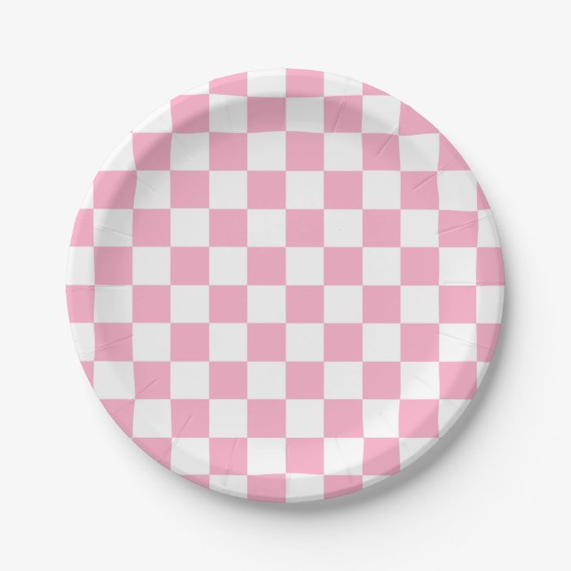 Chequered Pink and White Paper Plate (Front)