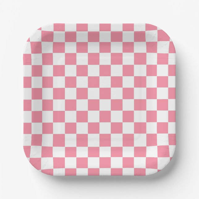 Chequered pink and White  Paper Plate (Front)