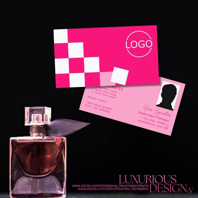 Chequered Pink and White with Logo & Photo Stylish Business Card (Creator Uploaded)