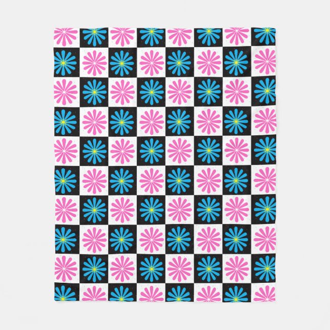 Chequered Pink Blue Floral Design  Fleece Blanket (Front)
