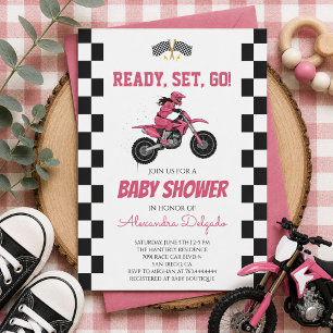 Chequered Pink Girls Dirt Bike Baby Shower Invitation