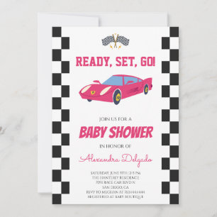 Chequered Pink Girls Race Car Baby Shower Invitation