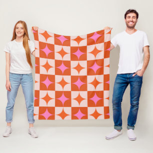 Chequered Pink Orange Mid Century Starbursts  Fleece Blanket