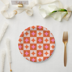 Chequered Pink Orange Mid Century Starbursts Paper Plate