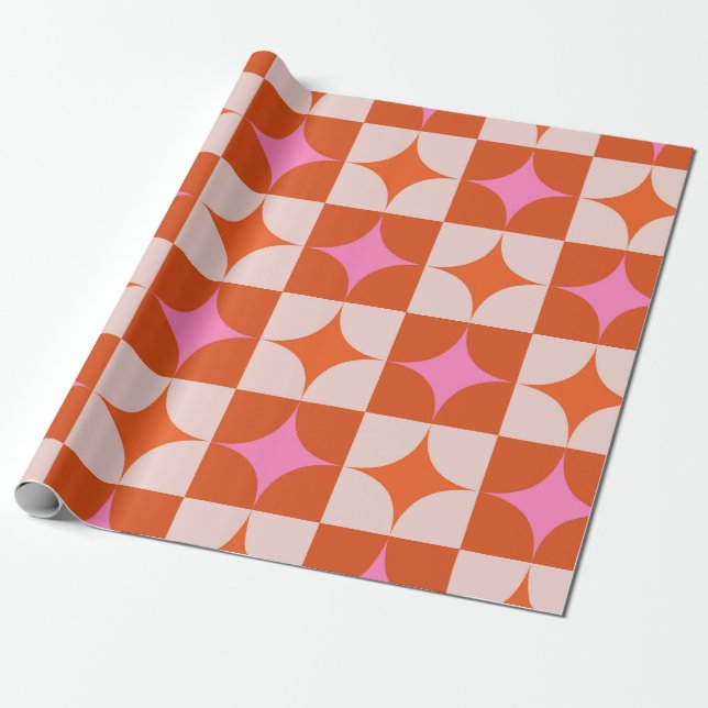 Chequered Pink Orange Mid Century Starbursts  Wrapping Paper (Unrolled)