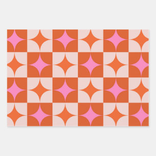 Chequered Pink Orange Mid Century Starbursts  Wrapping Paper Sheet
