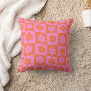 Chequered Pink Orange Retro Warped Flowers  Cushion