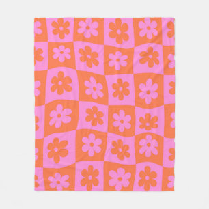 Chequered Pink Orange Retro Warped Flowers Fleece Blanket