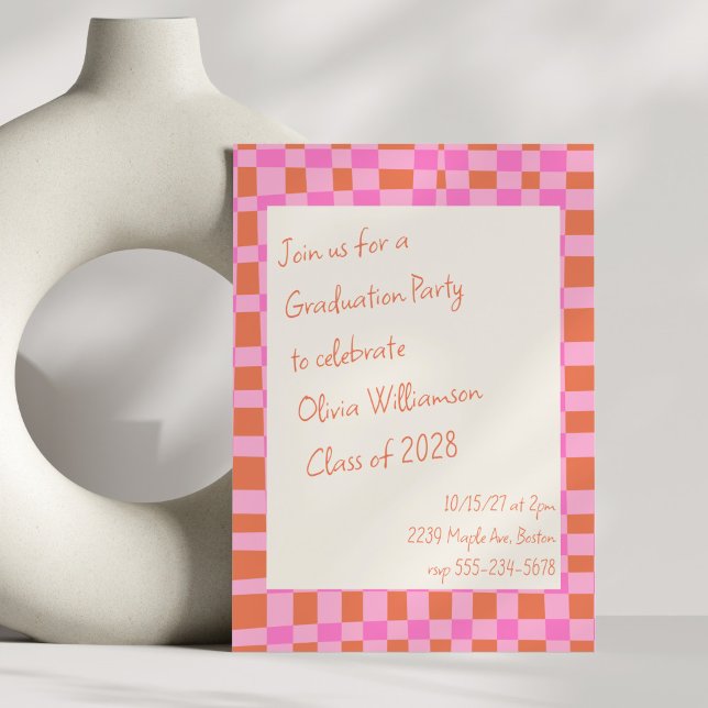 Chequered Pink Orange Script Fun Graduation Party Invitation (Creator Uploaded)