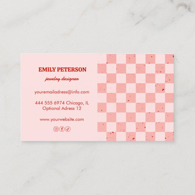 Chequered Pink Red Retro Business Card (Back)