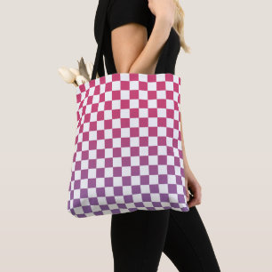 Chequered Pink to Purple and White Pattern Tote Bag