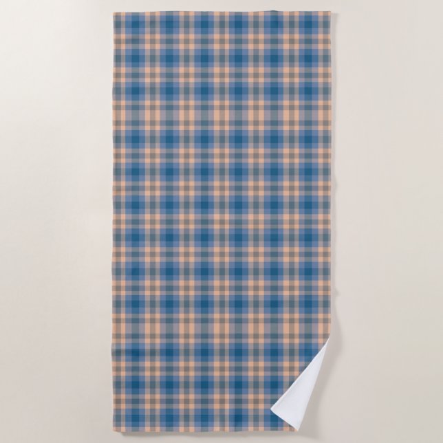 Chequered Plaid Beige Blue Grey And Peach Beach Towel (Front)