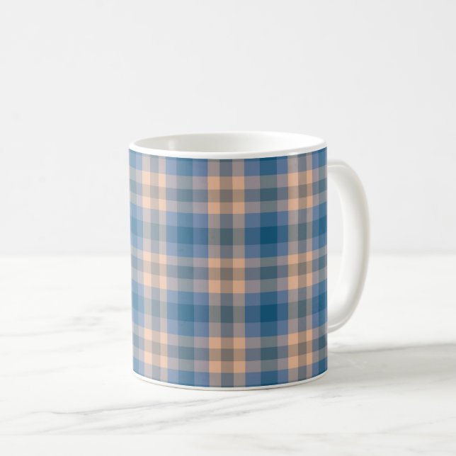 Chequered Plaid Beige Blue Grey And Peach Coffee Mug (Front Right)