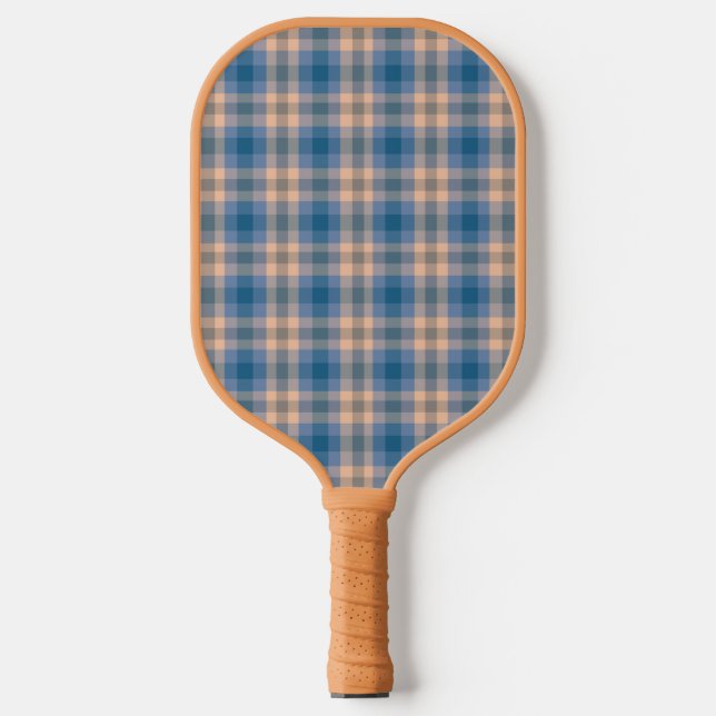 Chequered Plaid Beige Blue Grey And Peach  Pickleball Paddle (Front)