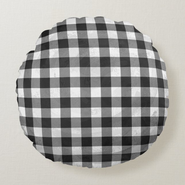 Chequered Plaid Black And White Round Cushion (Front)