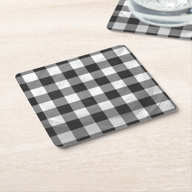 Chequered Plaid Black And White Square Paper Coaster (Angled)