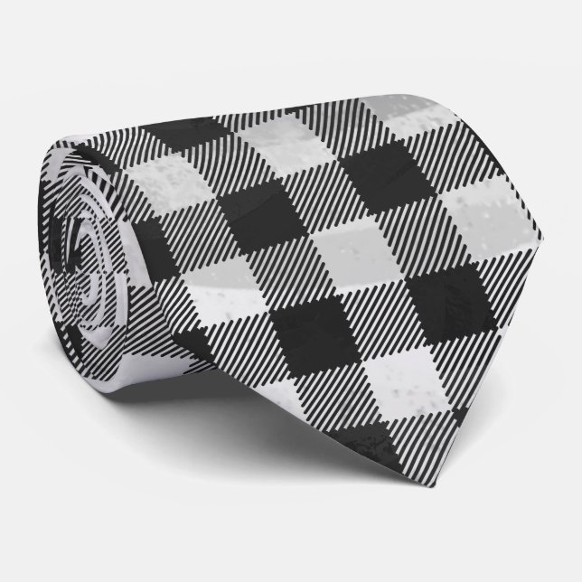 Chequered Plaid Black And White Tie (Rolled)