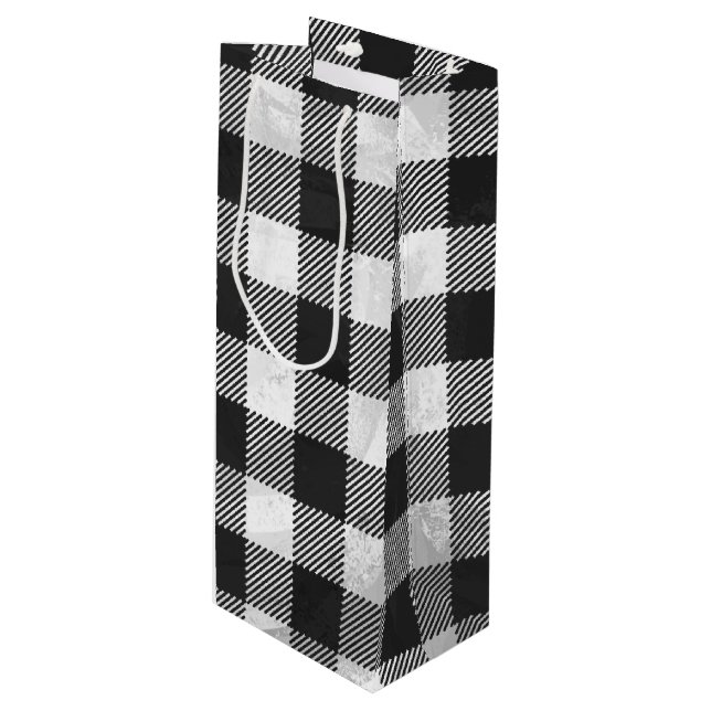 Chequered Plaid Black And White Wine Gift Bag (Front Angled)