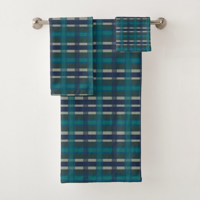 Chequered Plaid Blue Green Purple And Turquoise Bath Towel Set (Insitu)
