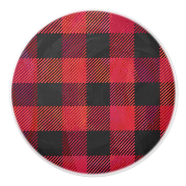 Chequered Plaid Red and Black Ceramic Knob (Front)