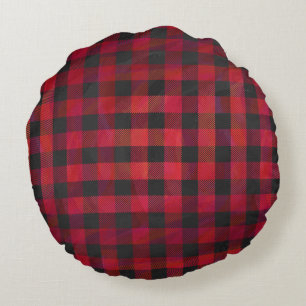 Chequered Plaid Red and Black Round Cushion