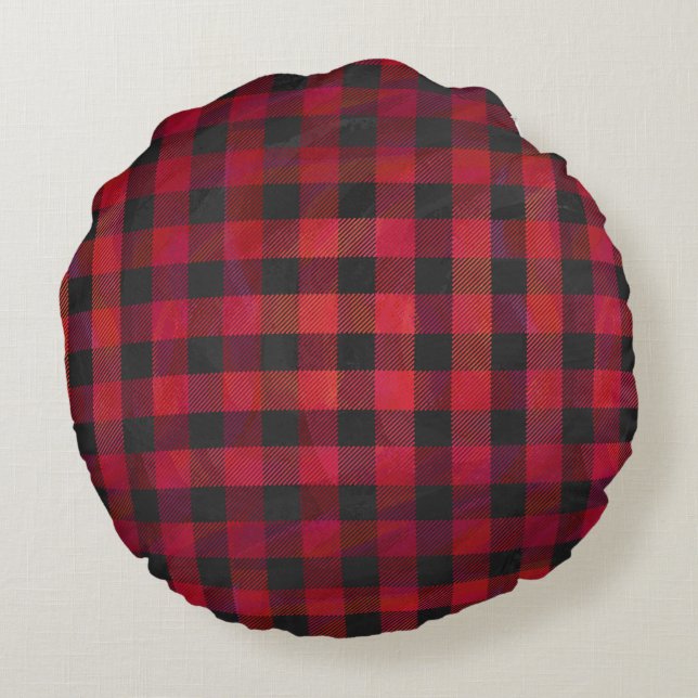 Chequered Plaid Red and Black Round Cushion (Back)