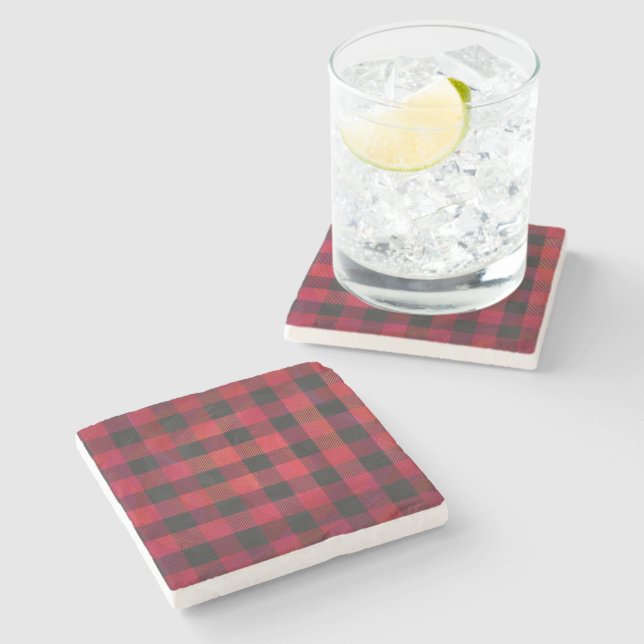 Chequered Plaid Red and Black Stone Coaster (Side)