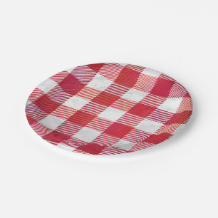 Chequered Plaid Red and White Paper Plate