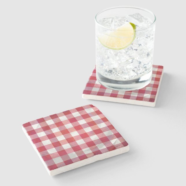 Chequered Plaid Red and White Stone Coaster (Side)
