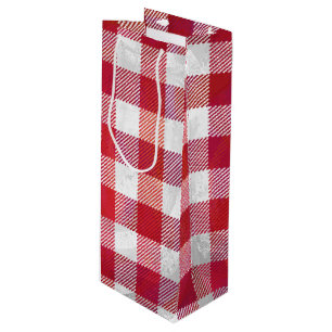 Chequered Plaid Red and White Wine Gift Bag