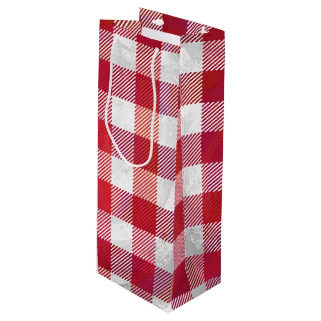 Chequered Plaid Red and White Wine Gift Bag (Front Angled)