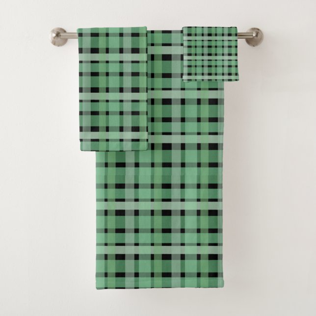 Chequered Plaid Tartan Green Stripes On Black  Bath Towel Set (Insitu)
