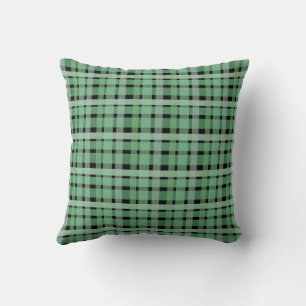 Chequered Plaid Tartan Green Stripes On Black  Cushion