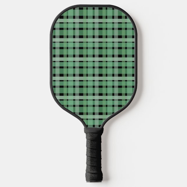 Chequered Plaid Tartan Green Stripes On Black Pickleball Paddle (Front)